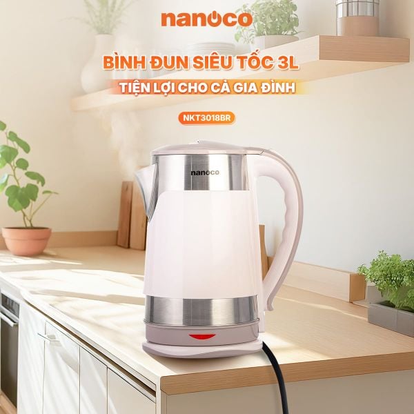 Bình đun siêu tốc inox Nanoco NKT3018BR 3.0L 1800W – Dung tích lớn