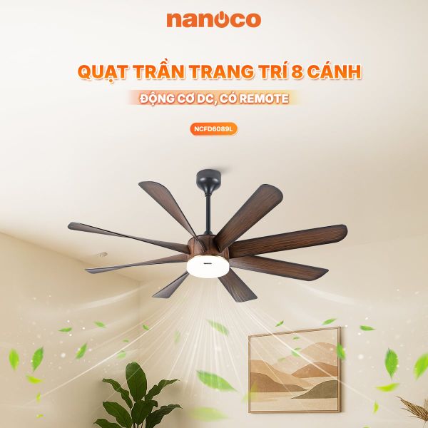 Quạt Trần Trang Trí 8 Cánh Nanoco NCFD6089L - Vân Gỗ, Động Cơ DC, Đèn LED, Remote