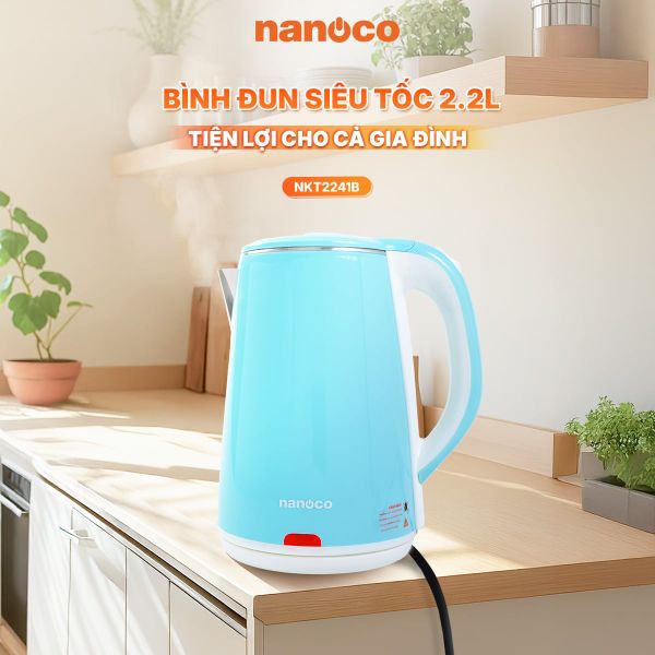 Bình đun siêu tốc inox Nanoco NKT2241B 2.2L 1800W – Inox 304, đèn LED báo