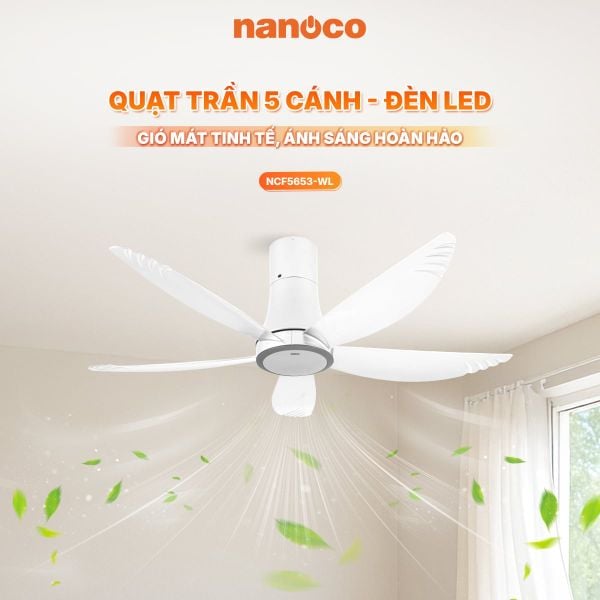 Quạt Trần 5 Cánh Nanoco NCF5653-WL - Động Cơ DC, Đèn LED, Có Remote