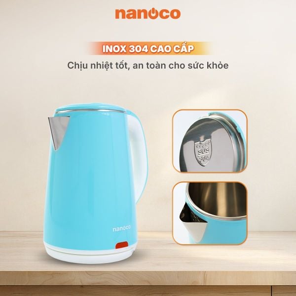 Bình đun siêu tốc inox Nanoco NKT2241B 2.2L 1800W – Inox 304, đèn LED báo