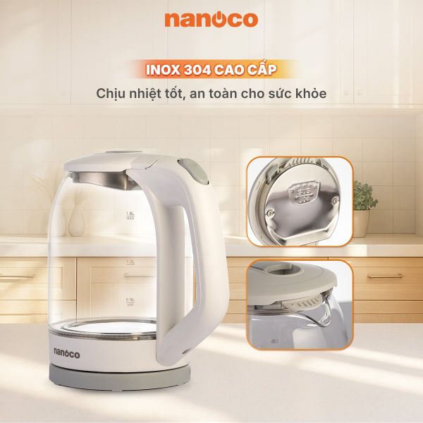Bình đun siêu tốc thủy tinh Nanoco NKT1875W 1.8L 1500W – Đèn LED viền xanh
