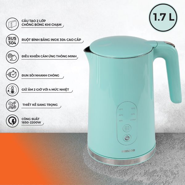 Bình đun siêu tốc cảm ứng Nanoco NKT1791G 1.7L – Inox 304, giữ ấm 4 mức