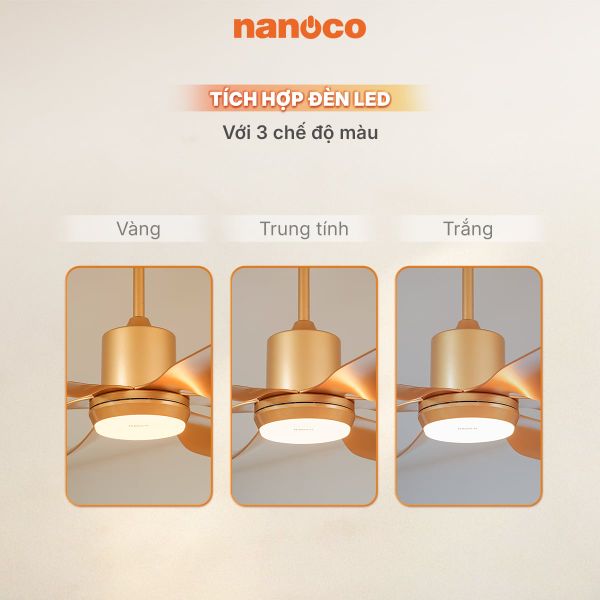 Quạt Trần 6 Cánh Nanoco NCF5462-GL - Đèn LED, Động Cơ DC, 3 Màu Sắc