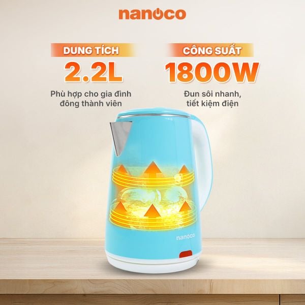 Bình đun siêu tốc inox Nanoco NKT2241B 2.2L 1800W – Inox 304, đèn LED báo
