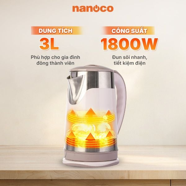 Bình đun siêu tốc inox Nanoco NKT3018BR 3.0L 1800W – Dung tích lớn