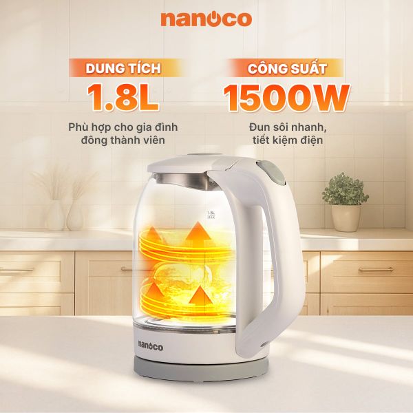 Bình đun siêu tốc thủy tinh Nanoco NKT1875W 1.8L 1500W – Đèn LED viền xanh