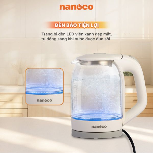 Bình đun siêu tốc thủy tinh Nanoco NKT1875W 1.8L 1500W – Đèn LED viền xanh