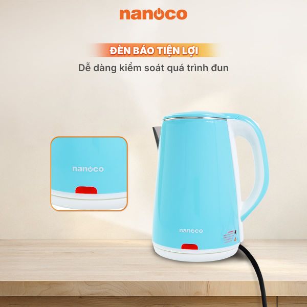 Bình đun siêu tốc inox Nanoco NKT2241B 2.2L 1800W – Inox 304, đèn LED báo
