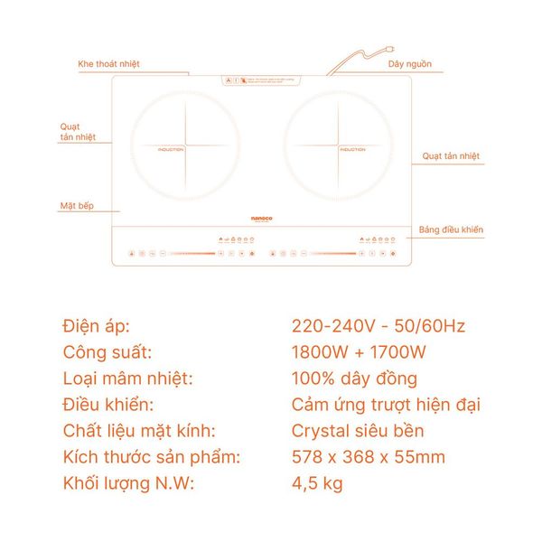 Bếp điện từ đôi Nanoco NICZ485 1.800W+1.700W lắp nổi