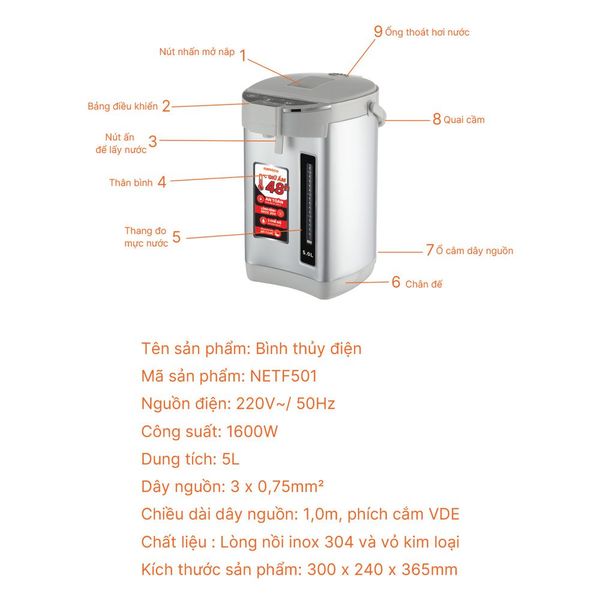 Bình thủy điện Nanoco NETF501 5L 1600W – Cảm ứng LED, hẹn giờ