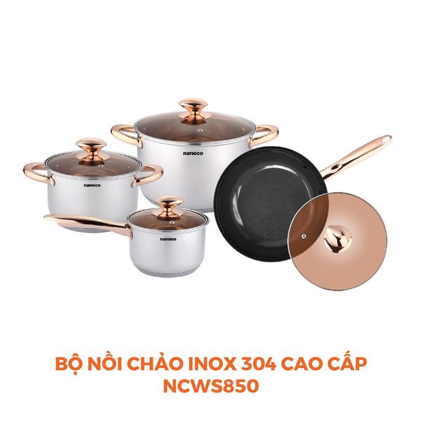 Bộ nồi chảo inox 304 Nanoco NCWS850 4 món đáy 5 lớp
