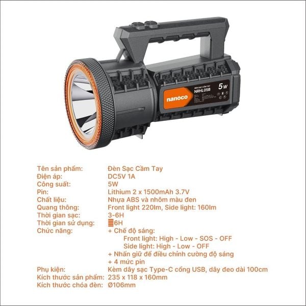 Đèn sạc cầm tay LED Nanoco 5W IP66 NRHL05B