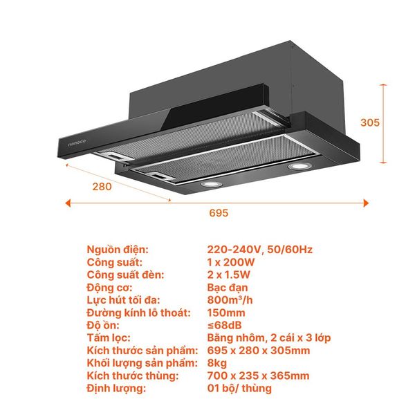 Máy hút mùi âm tủ Nanoco NRH701B 70cm 800m³/h