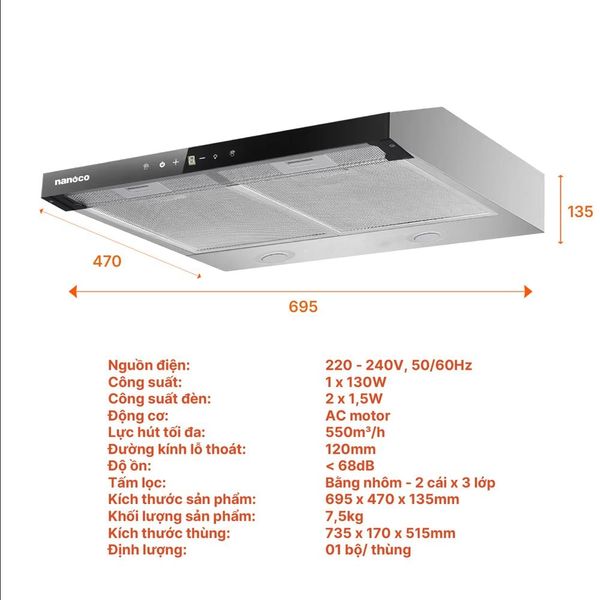 Máy hút mùi classic Nanoco NRH703 70cm 550m³/h