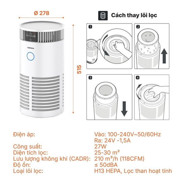 Máy lọc không khí Nanoco NAP2725 HEPA H13 25-30m²