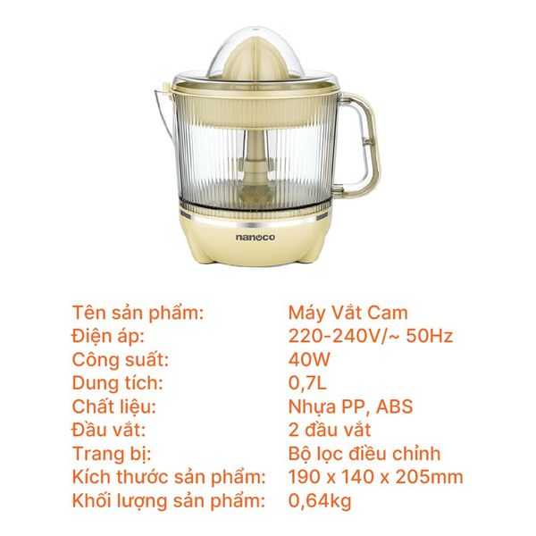 Máy vắt cam Nanoco NCE4007 dung tích 0,7L (Vàng/Xanh)
