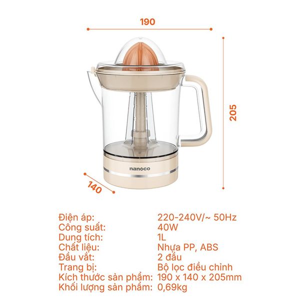 Máy vắt cam Nanoco NCE4010OR dung tích 1L màu cam
