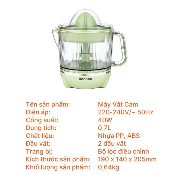 Máy vắt cam Nanoco NCE4007 dung tích 0,7L (Vàng/Xanh)