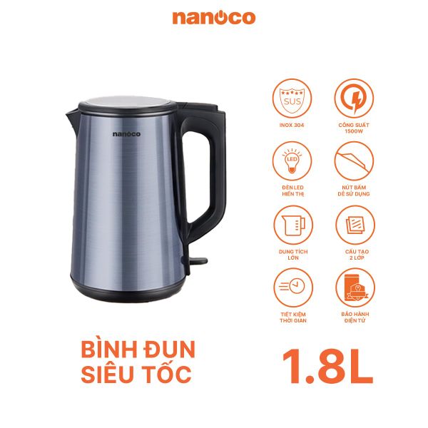 Bình đun siêu tốc inox Nanoco NKT1819 1.8L 1500W – Inox 304 (Xanh đen / Vàng đồng)