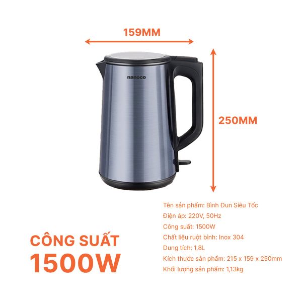 Bình đun siêu tốc inox Nanoco NKT1819 1.8L 1500W – Inox 304 (Xanh đen / Vàng đồng)