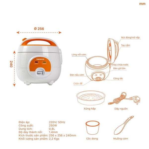 Nồi cơm điện nắp gài Nanoco NRC0801W 0.8L – Chống dính Whitford