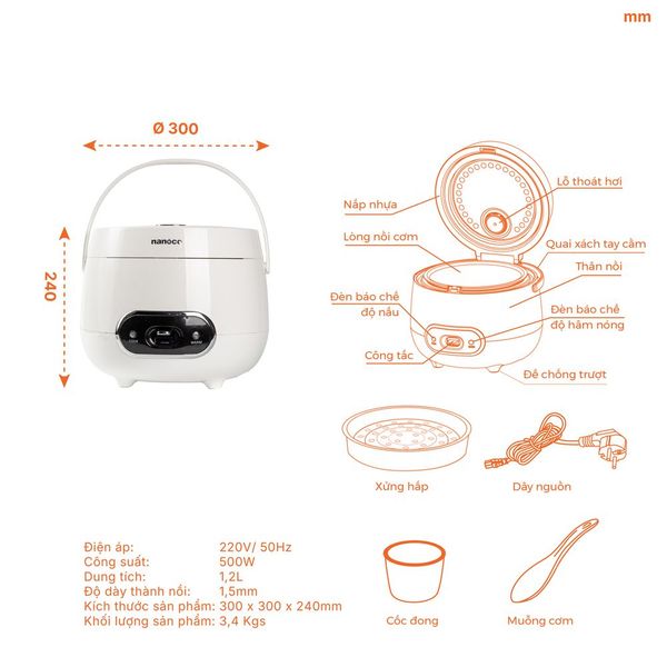 Nồi cơm điện nắp gài Nanoco NRC1206W 1.2L chống dính Whitford