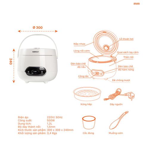Nồi cơm điện nắp gài Nanoco NRC1206W 1.2L chống dính Whitford