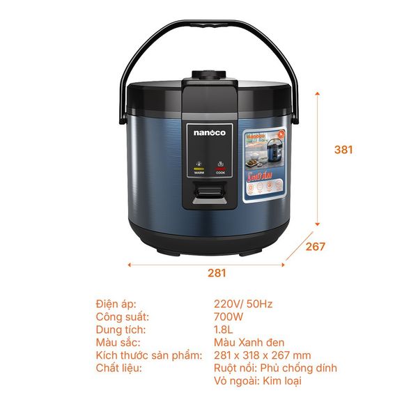 Nồi cơm điện nắp gài Nanoco NRC1880DB 1.8L xanh đen