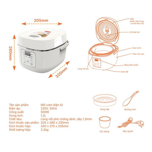 Nồi cơm điện tử Nanoco NRC1202BE 1.2L lòng tổ ong màn hình LED
