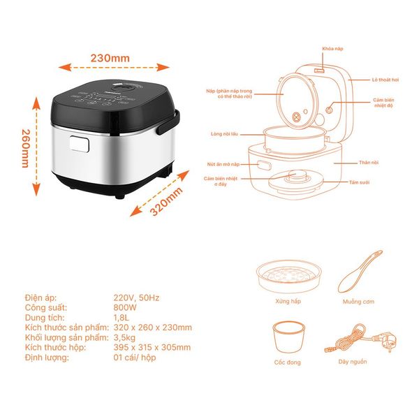 Nồi cơm điện tử Nanoco NRC1818M 1.8L cảm ứng lòng tổ ong