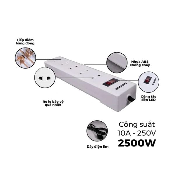 Ổ cắm có dây 1 ổ đa năng 10A Nanoco NES4213-S1