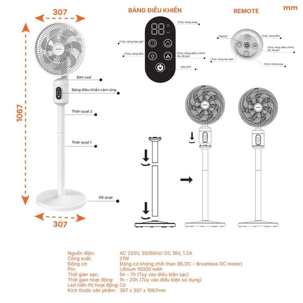 Quạt đứng sạc điện BLDC Nanoco NRF9025 cảm ứng remote