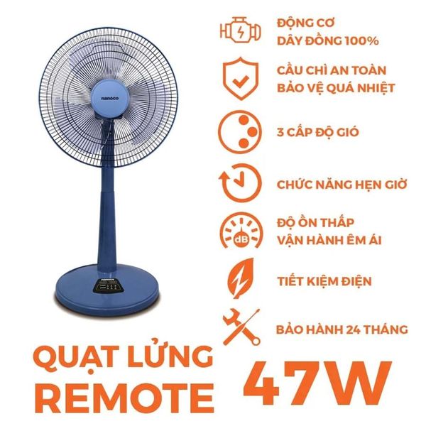 Quạt lửng remote Nanoco NLF1624RC 47W