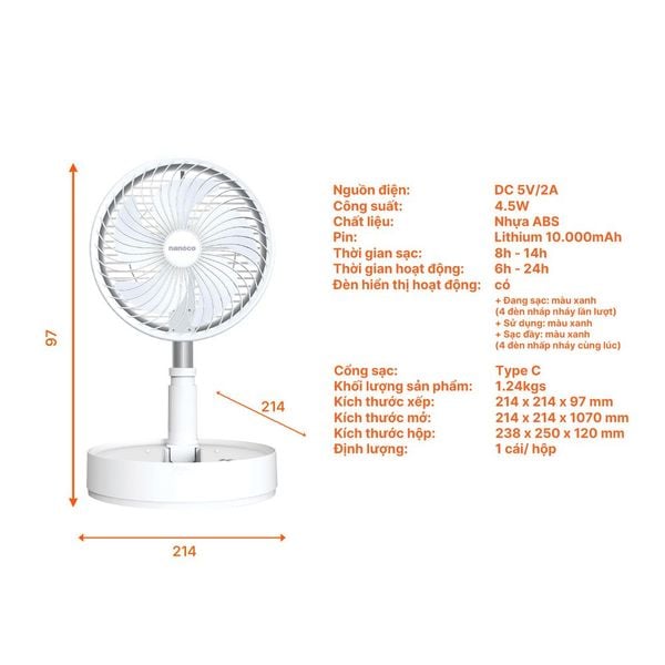 Quạt sạc gấp gọn Nanoco NFF1618