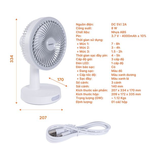 Quạt sạc để bàn Nanoco NRF6536W 8 inch có đèn LED