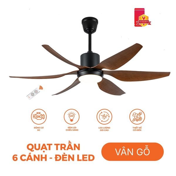 Quạt Trần 6 Cánh Nanoco NCF5462-GL - Đèn LED, Động Cơ DC, 3 Màu Sắc