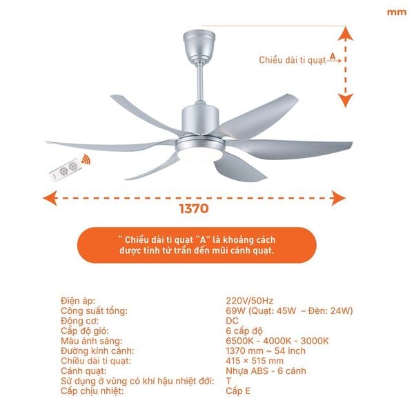 Quạt Trần 6 Cánh Nanoco NCF5462-GL - Đèn LED, Động Cơ DC, 3 Màu Sắc