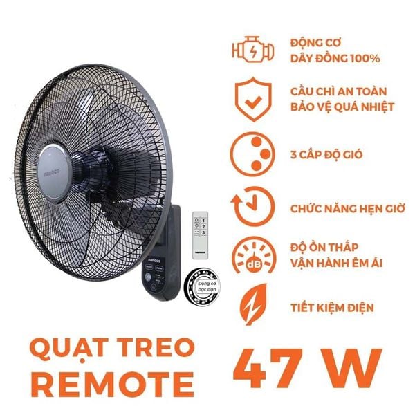 Quạt treo tường có remote Nanoco NWF1615RC bạc đạn 47W