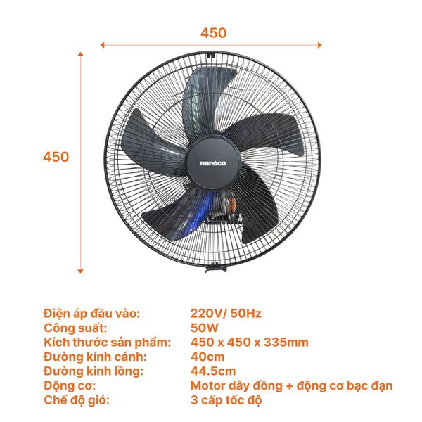 Quạt treo tường công nghiệp Nanoco NWF1670K bạc đạn 50W