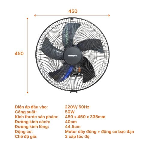 Quạt treo tường công nghiệp Nanoco NWF1670K bạc đạn 50W
