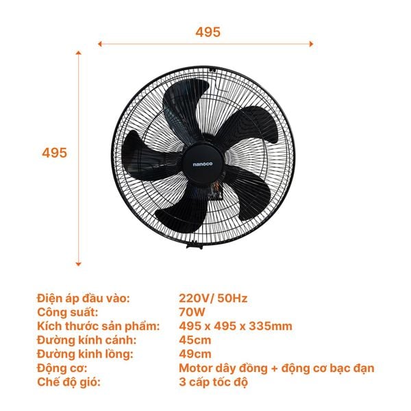 Quạt treo tường công nghiệp Nanoco NWF1870K bạc đạn 70W