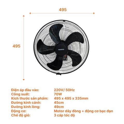 Quạt treo tường công nghiệp Nanoco NWF1870K bạc đạn 70W