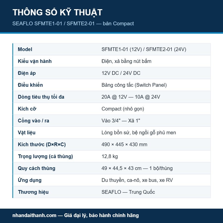 Thông số kỹ thuật toilet điện SEAFLO SFMTE1-01 SFMTE2-01