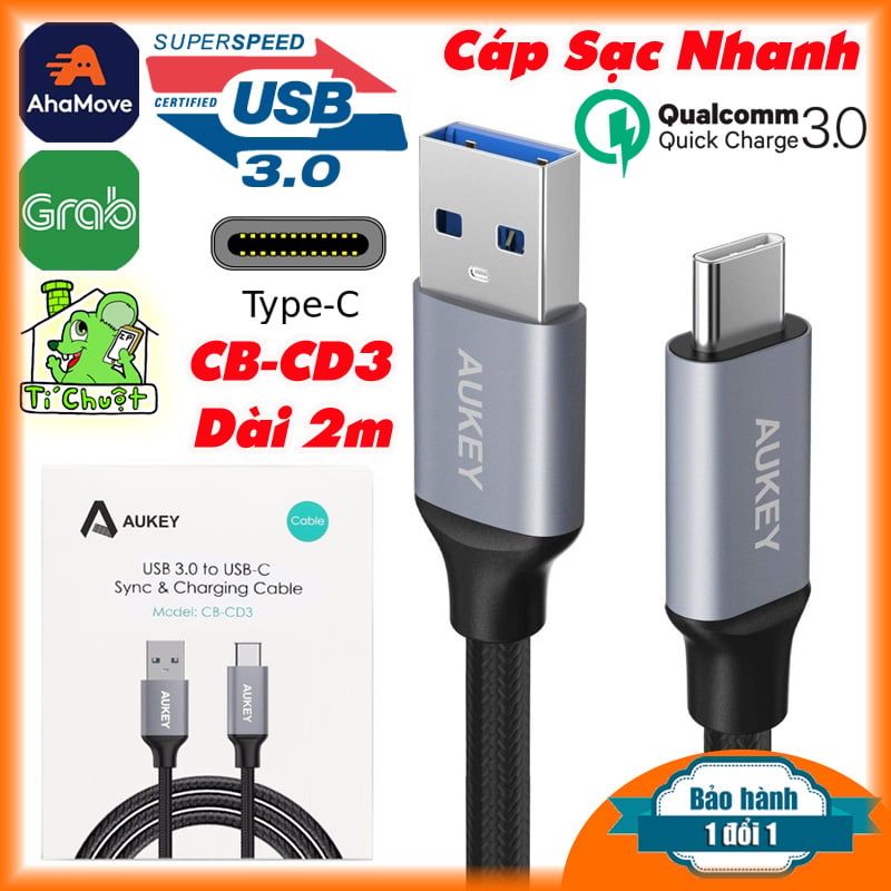 Cáp AUKEY CB-CD3 Type-C USB 3.0 Dài 2m Chính hãng FULLBOX
