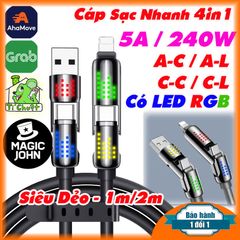 Cáp Sạc Nhanh 240W / 5A có 4 đầu 4 in 1 Magic John có chip EMarker & đèn LED RGB Chống Gãy