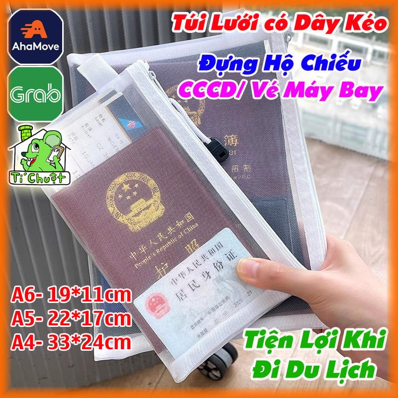 Túi Ví Lưới Có Dây Khóa Kéo Đựng Giấy Tờ CCCD Hộ Chiếu PassPort Vé Máy Bay Nhỏ Gọn Tiện Lợi
