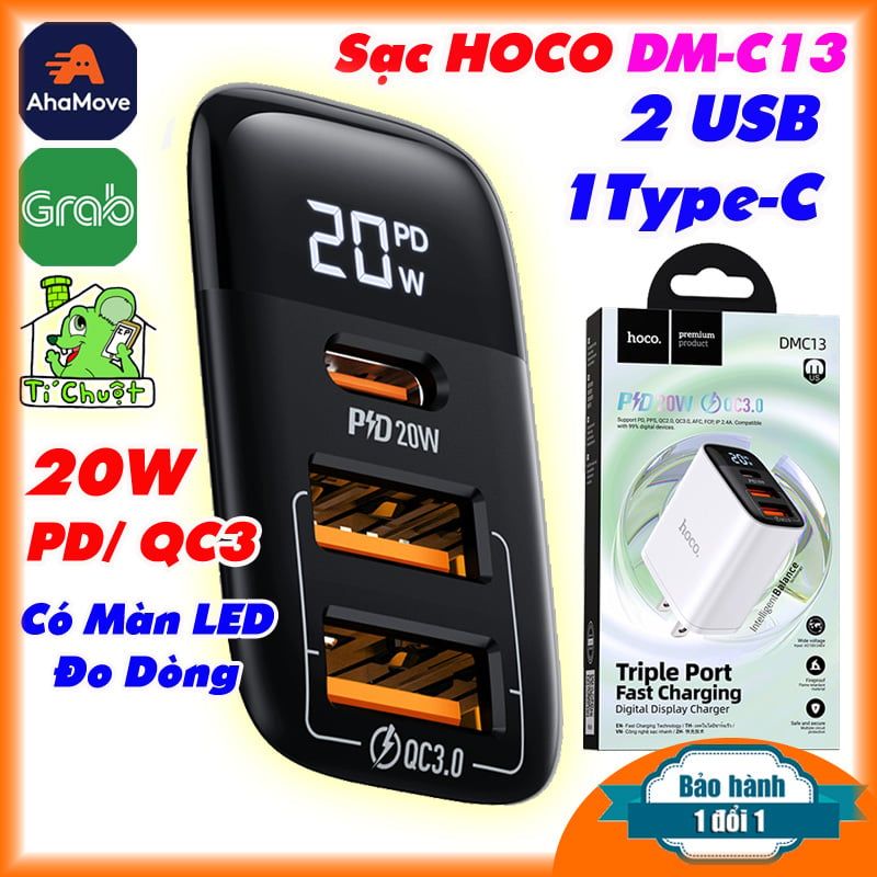 Sạc Nhanh 20W HOCO DM-C13 2 cổng USB-A QC3 + 1 Type-C PD có màn hình LED Đo Công Suất Sạc 3 Máy