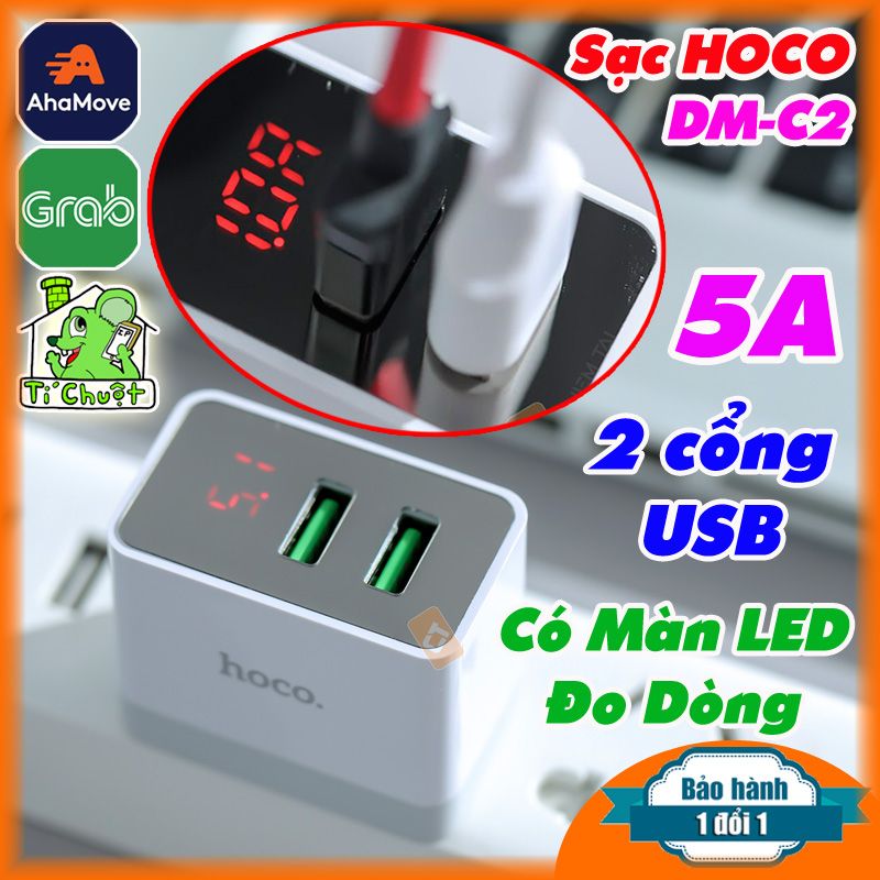 Sạc HOCO DM-C2 2 cổng USB-A dòng 5A, có màn hình LED đo dòng áp