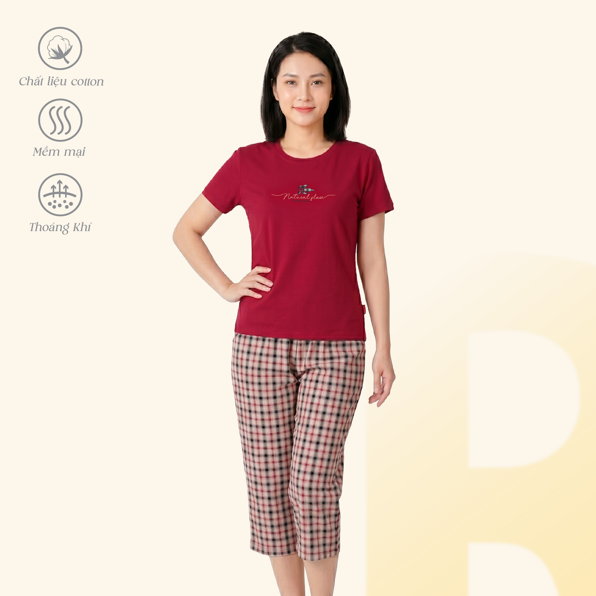Set đồ bộ nữ kiểu quần lửng chất caro áo tay ngắn chất cotton siêu mát 024p 4325